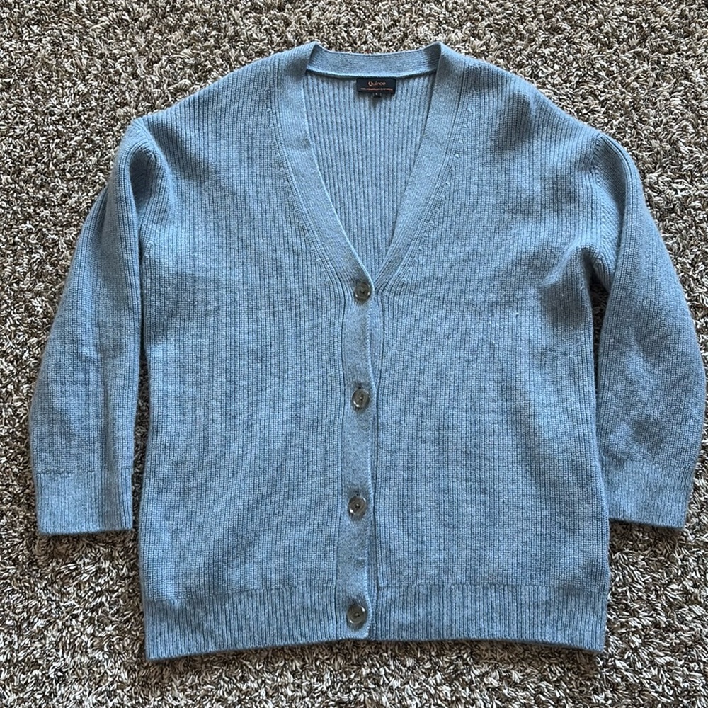 Quince Mongolian Cashmere Oversized Boyfriend Cardigan Sweater in Faded Denim